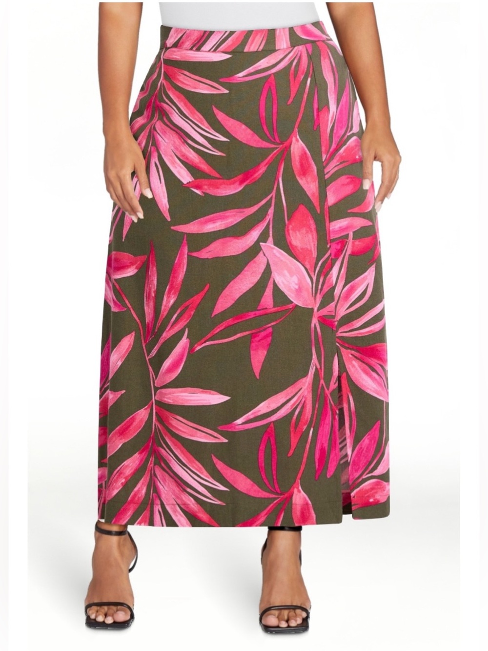 Women’s Green Ivy Linen Blend-Olive/Pink Tropical Midi Skirt, Size XXXL (22) NEW